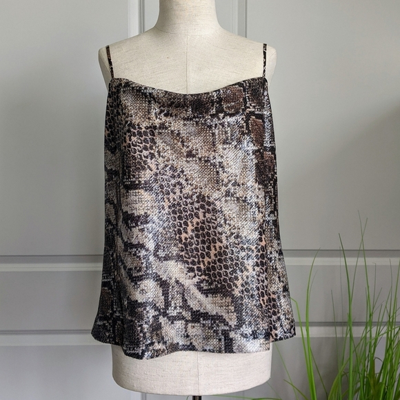 Elie Tahari Blouse Sleeveless Sequin Snake Print Draped Neck Truffle Black L NWT - Picture 2 of 16